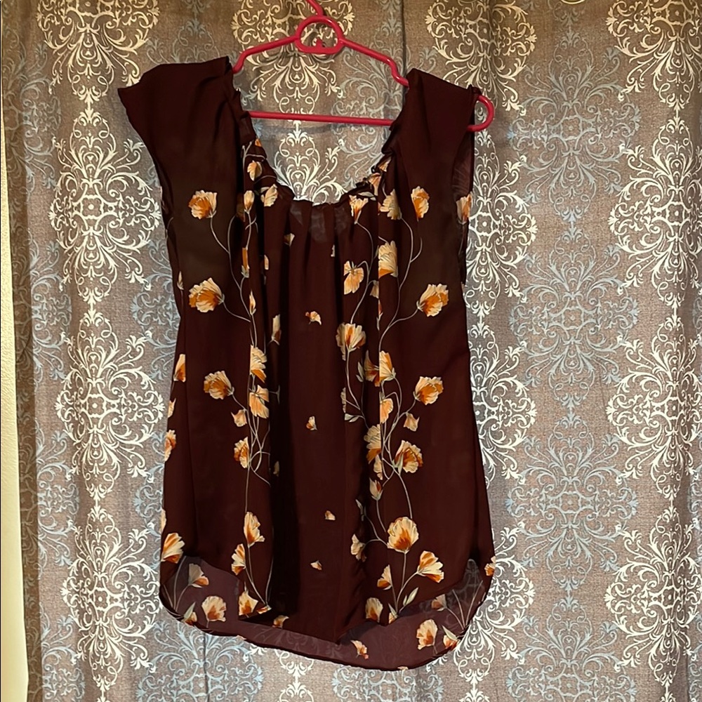 LC Lauren Conrad Brown Pleated Cap Sleeve Blouse